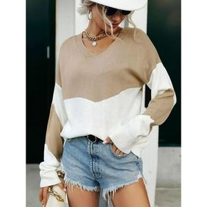 Two-Tone Ribbed Trim Dropped Shoulder V-Neck Sweater